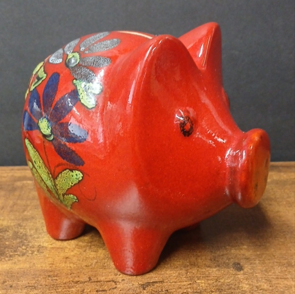 Other - Vintage Stoneware Piggy Bank Glazed Floral Coin Container